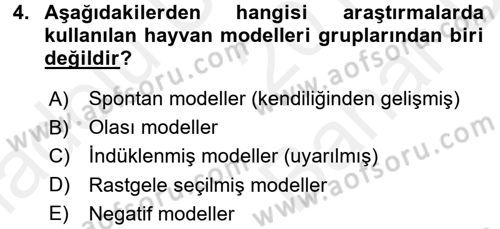 Laboratuvar Hayvanlarını Yetiştirme ve Sağlığı Dersi 2017 - 2018 Yılı (Vize) Ara Sınavı 4. Soru