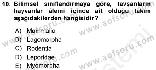 Laboratuvar Hayvanlarını Yetiştirme ve Sağlığı Dersi 2017 - 2018 Yılı (Final) Dönem Sonu Sınav Soruları 10. Soru