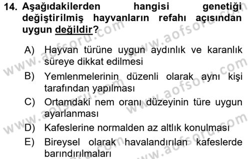 Laboratuvar Hayvanlarını Yetiştirme ve Sağlığı Dersi 2017 - 2018 Yılı (Final) Dönem Sonu Sınav Soruları 14. Soru