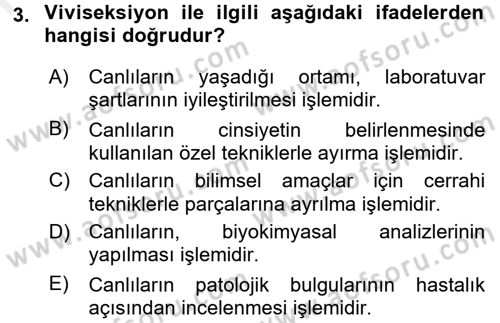 Laboratuvar Hayvanlarını Yetiştirme ve Sağlığı Dersi 2017 - 2018 Yılı (Final) Dönem Sonu Sınav Soruları 3. Soru