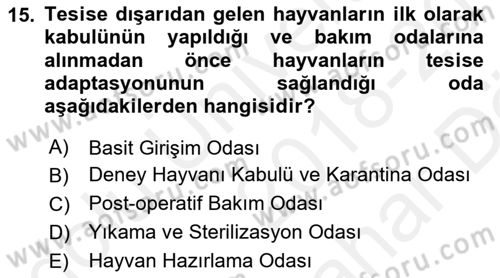 Laboratuvar Hayvanlarını Yetiştirme ve Sağlığı Dersi 2018 - 2019 Yılı (Vize) Ara Sınavı 15. Soru