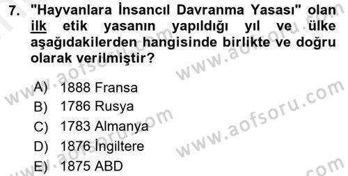 Laboratuvar Hayvanlarını Yetiştirme ve Sağlığı Dersi 2018 - 2019 Yılı (Vize) Ara Sınavı 7. Soru