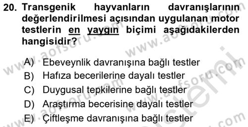 Laboratuvar Hayvanlarını Yetiştirme ve Sağlığı Dersi 2020 - 2021 Yılı Yaz Okulu Sınav Soruları 20. Soru