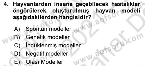 Laboratuvar Hayvanlarını Yetiştirme ve Sağlığı Dersi 2021 - 2022 Yılı (Vize) Ara Sınav Soruları 4. Soru