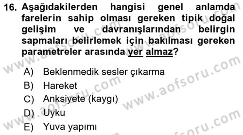 Laboratuvar Hayvanlarını Yetiştirme ve Sağlığı Dersi 2021 - 2022 Yılı (Final) Dönem Sonu Sınav Soruları 16. Soru