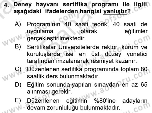 Laboratuvar Hayvanlarını Yetiştirme ve Sağlığı Dersi 2021 - 2022 Yılı (Final) Dönem Sonu Sınav Soruları 4. Soru
