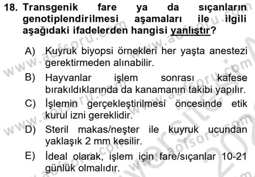 Laboratuvar Hayvanlarını Yetiştirme ve Sağlığı Dersi 2021 - 2022 Yılı Yaz Okulu Sınavı 18. Soru