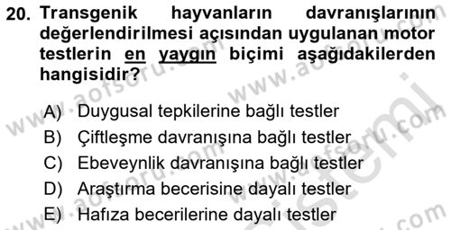 Laboratuvar Hayvanlarını Yetiştirme ve Sağlığı Dersi 2021 - 2022 Yılı Yaz Okulu Sınavı 20. Soru