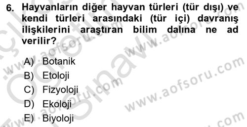 Laboratuvar Hayvanlarını Yetiştirme ve Sağlığı Dersi 2021 - 2022 Yılı Yaz Okulu Sınavı 6. Soru