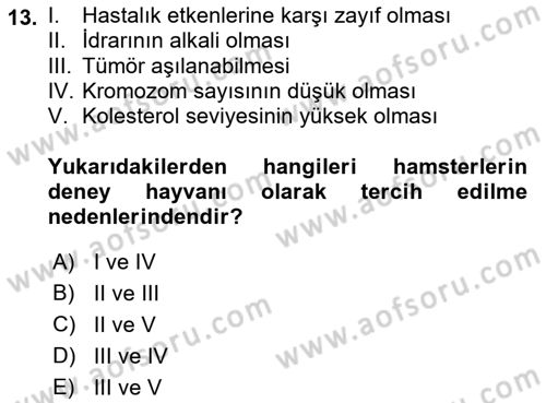 Laboratuvar Hayvanlarını Yetiştirme ve Sağlığı Dersi 2022 - 2023 Yılı Yaz Okulu Sınav Soruları 13. Soru