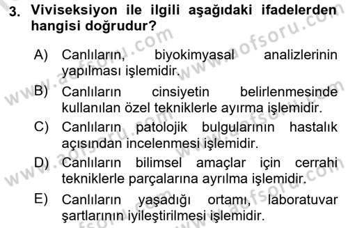 Laboratuvar Hayvanlarını Yetiştirme ve Sağlığı Dersi 2022 - 2023 Yılı Yaz Okulu Sınav Soruları 3. Soru