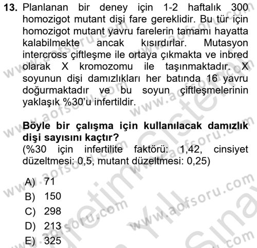 Laboratuvar Hayvanlarını Yetiştirme ve Sağlığı Dersi 2023 - 2024 Yılı (Final) Dönem Sonu Sınav Soruları 13. Soru