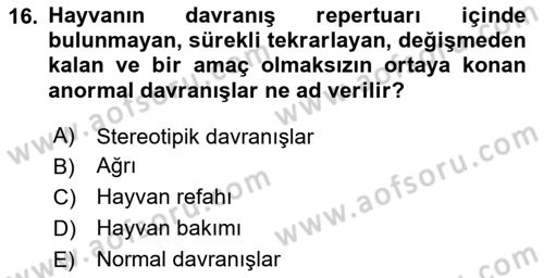 Laboratuvar Hayvanlarını Yetiştirme ve Sağlığı Dersi 2024 - 2025 Yılı (Vize) Ara Sınav Soruları 16. Soru