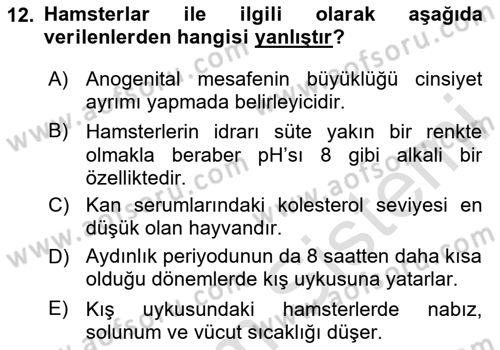 Laboratuvar Hayvanlarını Yetiştirme ve Sağlığı Dersi 2024 - 2025 Yılı (Final) Dönem Sonu Sınav Soruları 12. Soru