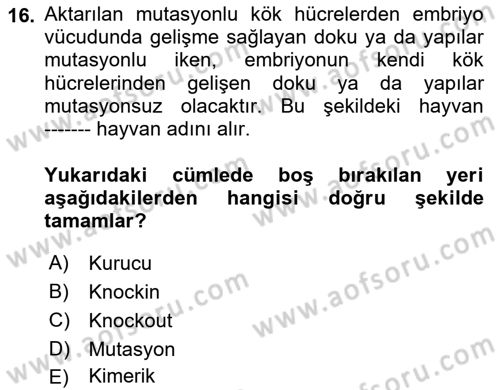 Laboratuvar Hayvanlarını Yetiştirme ve Sağlığı Dersi 2024 - 2025 Yılı (Final) Dönem Sonu Sınav Soruları 16. Soru