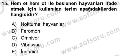 Laboratuvar Hayvanlarını Yetiştirme ve Sağlığı Dersi 2024 - 2025 Yılı Yaz Okulu Sınav Soruları 15. Soru