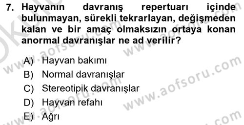 Laboratuvar Hayvanlarını Yetiştirme ve Sağlığı Dersi 2024 - 2025 Yılı Yaz Okulu Sınav Soruları 7. Soru