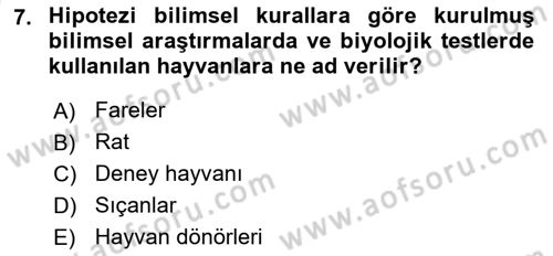 Laboratuvar Hayvanlarını Yetiştirme ve Sağlığı Dersi 2025 - 2026 Yılı (Vize) Ara Sınav Soruları 7. Soru