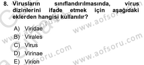 Viroloji Dersi Ara Sınavı Deneme Sınav Soruları 8. Soru
