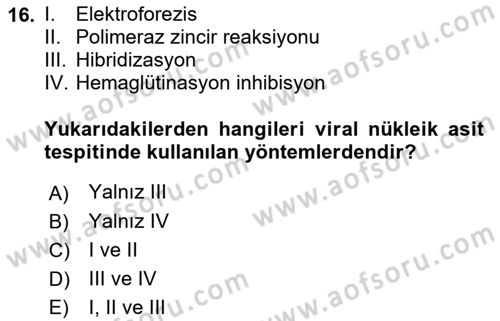 Viroloji Dersi 2018 - 2019 Yılı 3 Ders Sınav Soruları 16. Soru