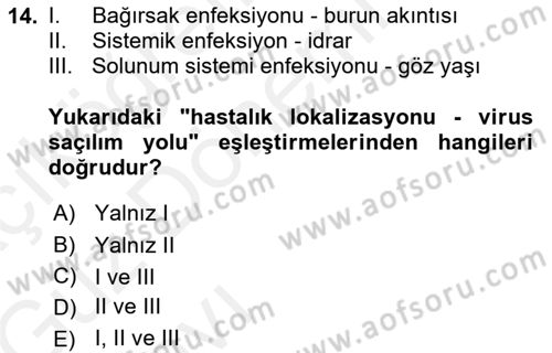 Viroloji Dersi Ara Sınavı Deneme Sınav Soruları 14. Soru