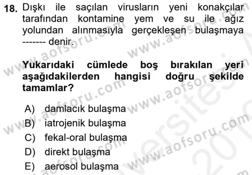 Viroloji Dersi 2018 - 2019 Yılı (Vize) Ara Sınav Soruları 18. Soru