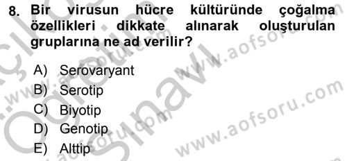 Viroloji Dersi 2018 - 2019 Yılı Yaz Okulu Sınav Soruları 8. Soru