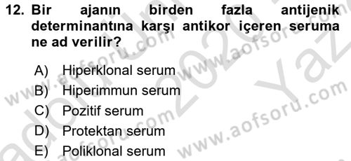 Viroloji Dersi 2020 - 2021 Yılı Yaz Okulu Sınav Soruları 12. Soru