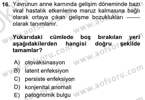 Viroloji Dersi 2020 - 2021 Yılı Yaz Okulu Sınav Soruları 16. Soru