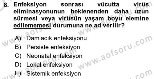 Viroloji Dersi 2020 - 2021 Yılı Yaz Okulu Sınavı 8. Soru