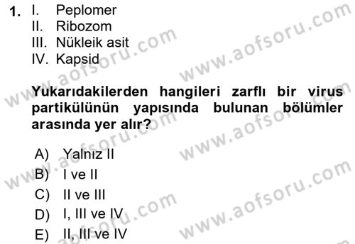 Viroloji Dersi 2021 - 2022 Yılı (Vize) Ara Sınav Soruları 1. Soru