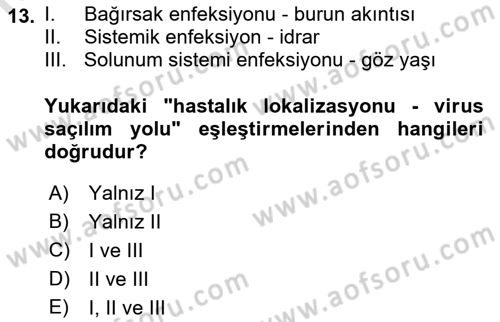 Viroloji Dersi 2021 - 2022 Yılı (Vize) Ara Sınavı 13. Soru