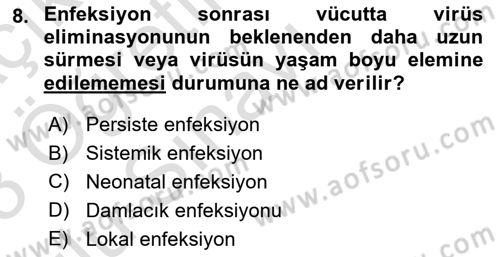 Viroloji Dersi 2022 - 2023 Yılı Yaz Okulu Sınav Soruları 8. Soru