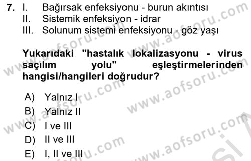 Viroloji Dersi 2023 - 2024 Yılı Yaz Okulu Sınav Soruları 7. Soru