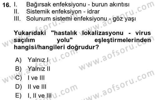 Viroloji Dersi 2024 - 2025 Yılı (Vize) Ara Sınav Soruları 16. Soru