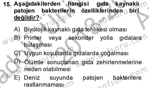Gıda Güvenliğinin Temel Prensipleri Dersi 2013 - 2014 Yılı (Vize) Ara Sınav Soruları 15. Soru