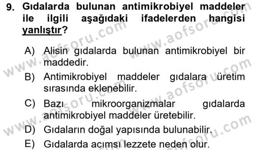 Gıda Güvenliğinin Temel Prensipleri Dersi 2016 - 2017 Yılı (Vize) Ara Sınav Soruları 9. Soru