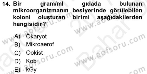 Gıda Güvenliğinin Temel Prensipleri Dersi 2017 - 2018 Yılı (Vize) Ara Sınav Soruları 14. Soru