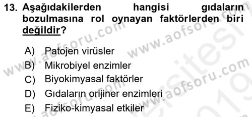 Gıda Güvenliğinin Temel Prensipleri Dersi 2018 - 2019 Yılı (Final) Dönem Sonu Sınav Soruları 13. Soru