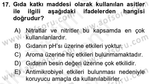 Gıda Güvenliğinin Temel Prensipleri Dersi 2018 - 2019 Yılı (Final) Dönem Sonu Sınav Soruları 17. Soru