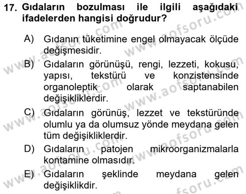 Gıda Güvenliğinin Temel Prensipleri Dersi 2018 - 2019 Yılı Yaz Okulu Sınav Soruları 17. Soru