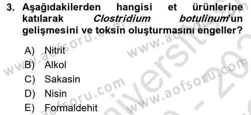 Gıda Güvenliğinin Temel Prensipleri Dersi 2020 - 2021 Yılı Yaz Okulu Sınav Soruları 3. Soru