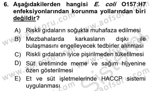 Gıda Güvenliğinin Temel Prensipleri Dersi 2020 - 2021 Yılı Yaz Okulu Sınav Soruları 6. Soru