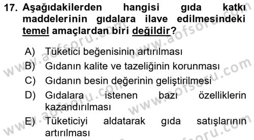 Gıda Güvenliğinin Temel Prensipleri Dersi 2021 - 2022 Yılı (Final) Dönem Sonu Sınav Soruları 17. Soru