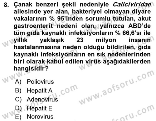 Gıda Güvenliğinin Temel Prensipleri Dersi 2022 - 2023 Yılı Yaz Okulu Sınav Soruları 8. Soru