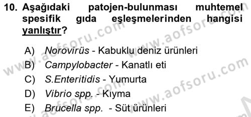 Gıda Güvenliğinin Temel Prensipleri Dersi 2023 - 2024 Yılı (Final) Dönem Sonu Sınav Soruları 10. Soru