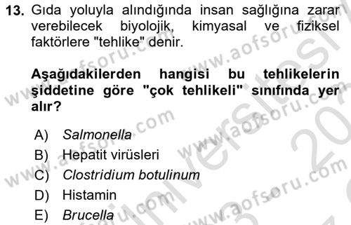 Gıda Güvenliğinin Temel Prensipleri Dersi 2023 - 2024 Yılı Yaz Okulu Sınav Soruları 13. Soru