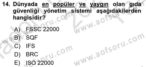 Gıda Güvenliğinin Temel Prensipleri Dersi 2025 - 2026 Yılı Yaz Okulu Sınav Soruları 14. Soru