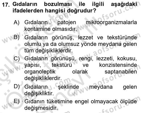 Gıda Güvenliğinin Temel Prensipleri Dersi 2025 - 2026 Yılı Yaz Okulu Sınav Soruları 17. Soru
