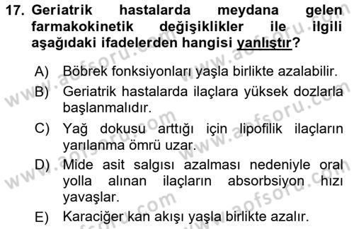 Temel İlaç Bilgisi Ve Akılcı İlaç Kullanımı Dersi 2024 - 2025 Yılı Yaz Okulu Sınav Soruları 17. Soru